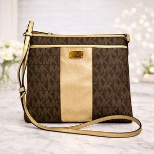 Michael Kors Jet Set Center Stripe Messenger Crossbody Brown/Gold